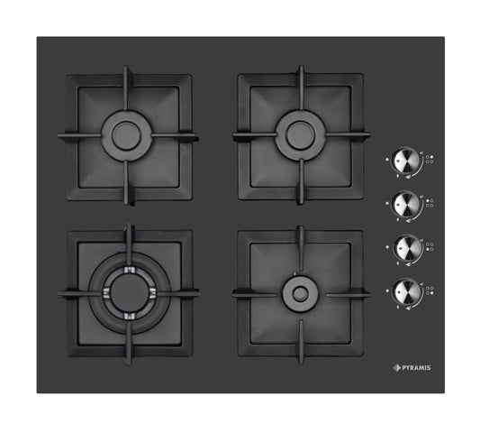 Plita gaz Pyramis 2226 Wok Black Glass Cast Iron Protection, gratare individuale fonta, 59x51,5 cm - EpicHome.ro