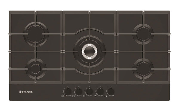 Plita gaz Pyramis 5.90 Black Glass, Wok, gratare fonta, 90x51 cm - EpicHome.ro