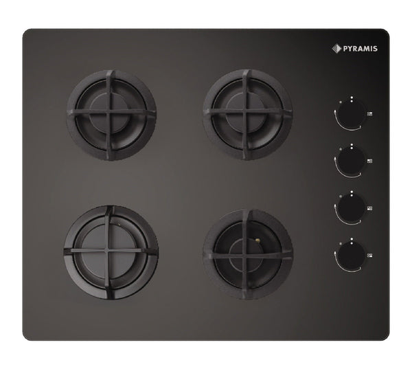 Plita gaz Pyramis 5343.01 Black Glass, gratare individuale fonta, 60x51 cm - EpicHome.ro