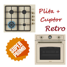 Set Rustic Pyramis 8070, cuptor electiric 6 functii, clasa A, volum 64 litri, ceas analog si plita gaz, wok, gratare fonta, finisaj antichizat