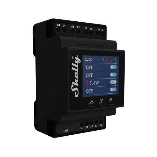 Shelly Pro 4PM – Comutator Inteligent 4 Canale WiFi LAN DIN cu Contor de Putere